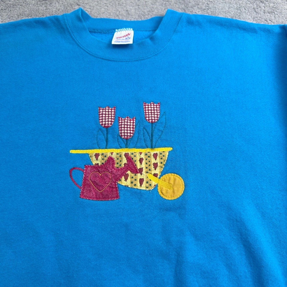 Jerzees Sweatshirt‎ Womens Large Blue Vintage 90s Garden Applique Made in USA - Picture 5 of 8